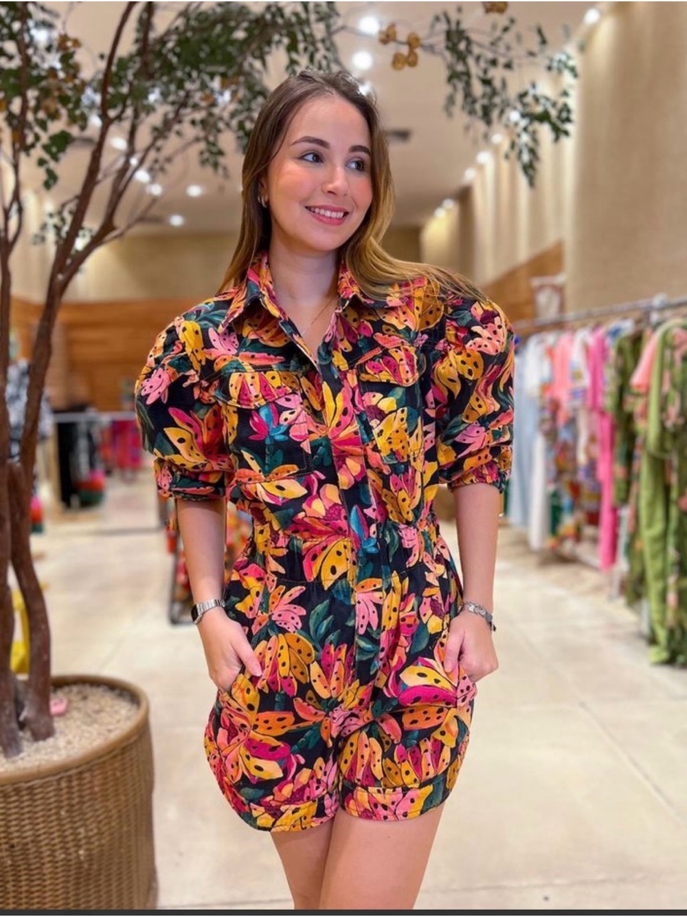 Farm Rio banana leaves denim romper